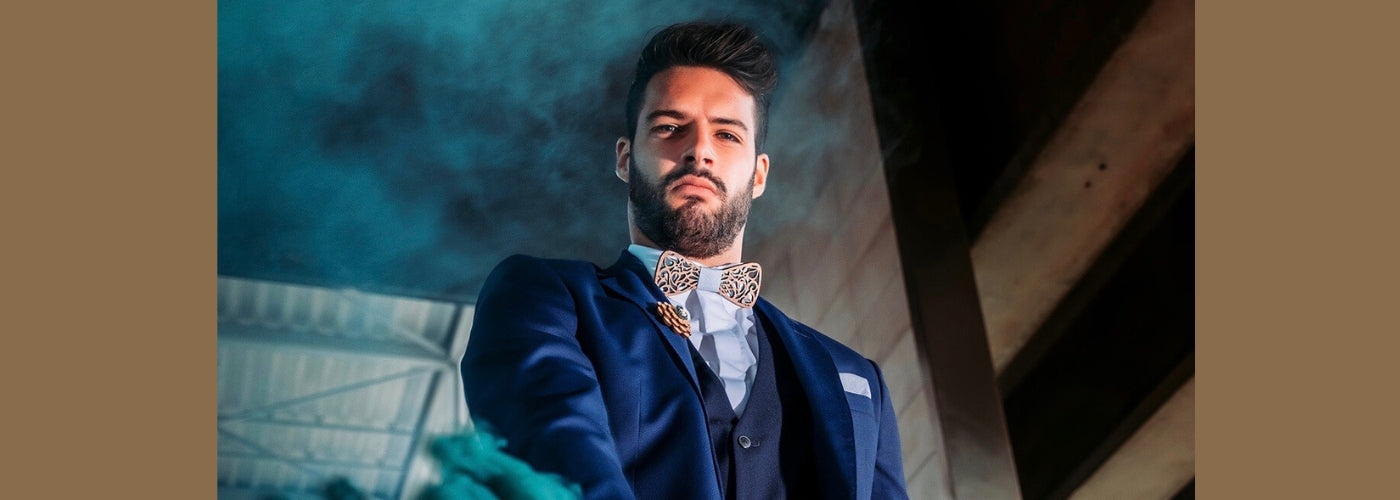 noeud papillon bois costume bleu