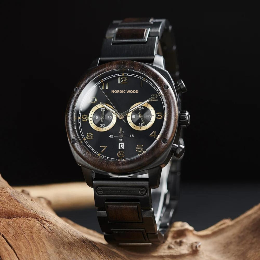 montre bois noir chronographes