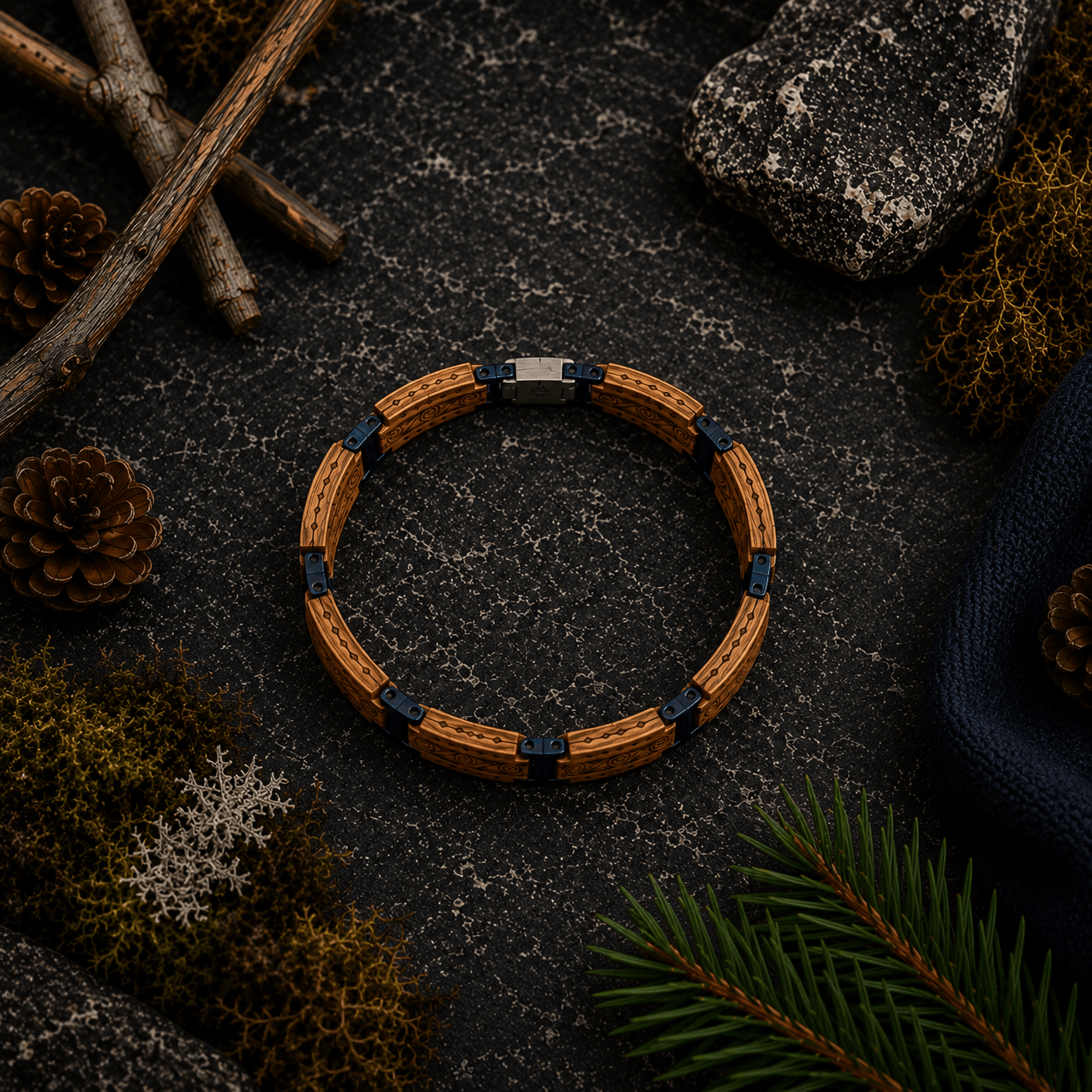 Bracelet en bois de koa clair et acier inoxydable bleu