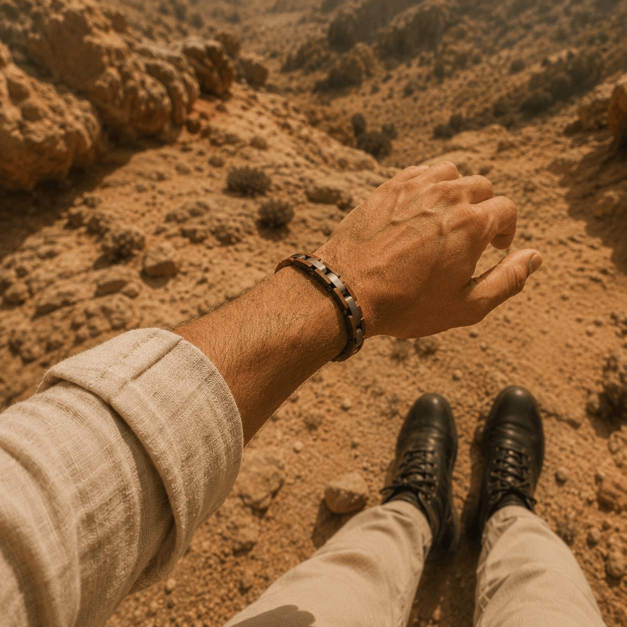 Bracelet en bois de koa et acier inoxydable pour homme porté lifestyle