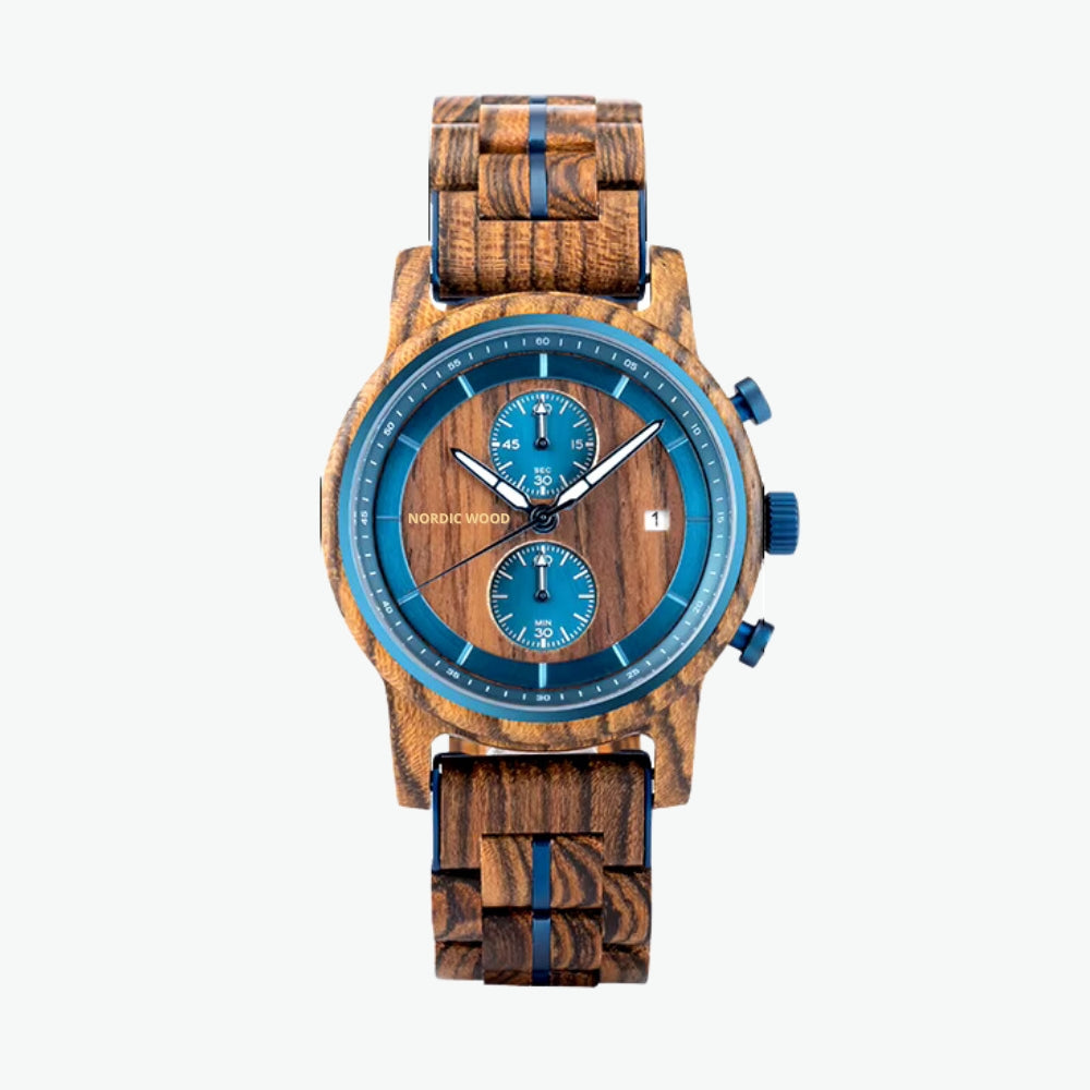 montre en bois avec cadran bleu