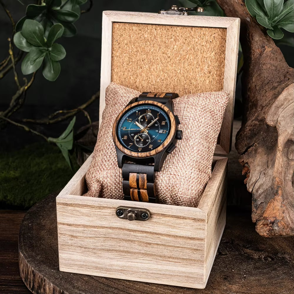 montre-bracelet-bois-homme-cadran-bleu