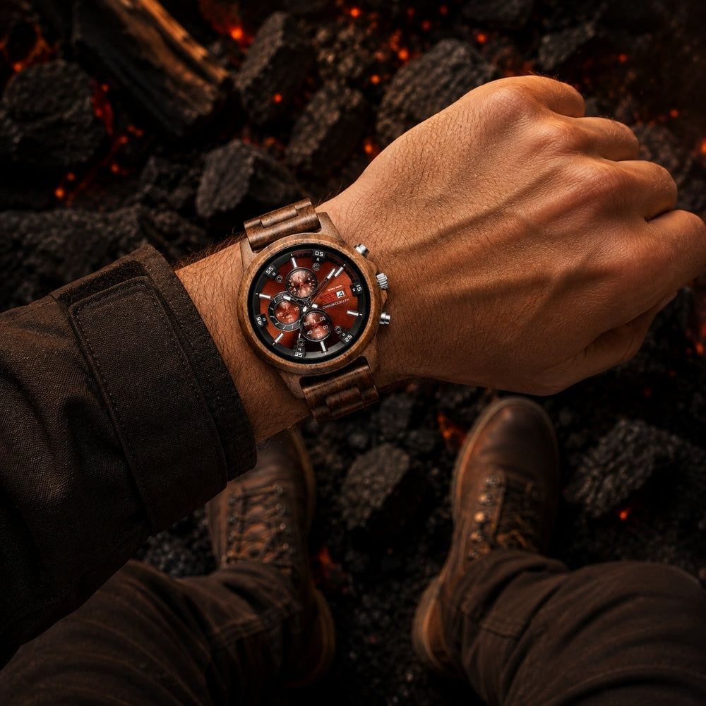 montre rouge en bois chronographes