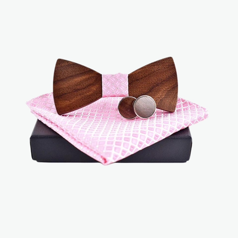 noeud papillon en bois tissu rose