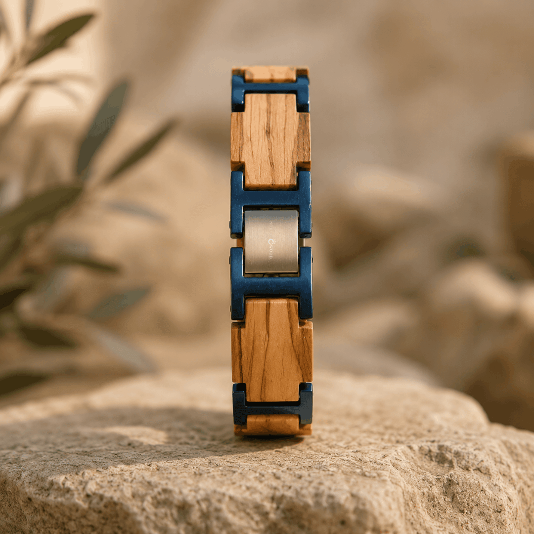 Bracelet en bois de Koa et acier bleu 
