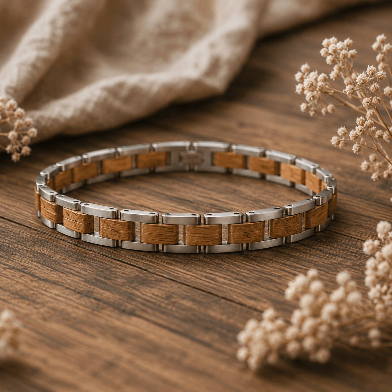 Bracelet en bois de koa clair et acier inoxydable unique