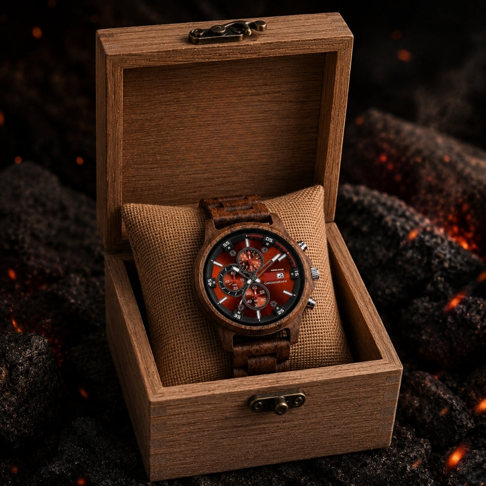 coffret montre en bois rouge chronographe