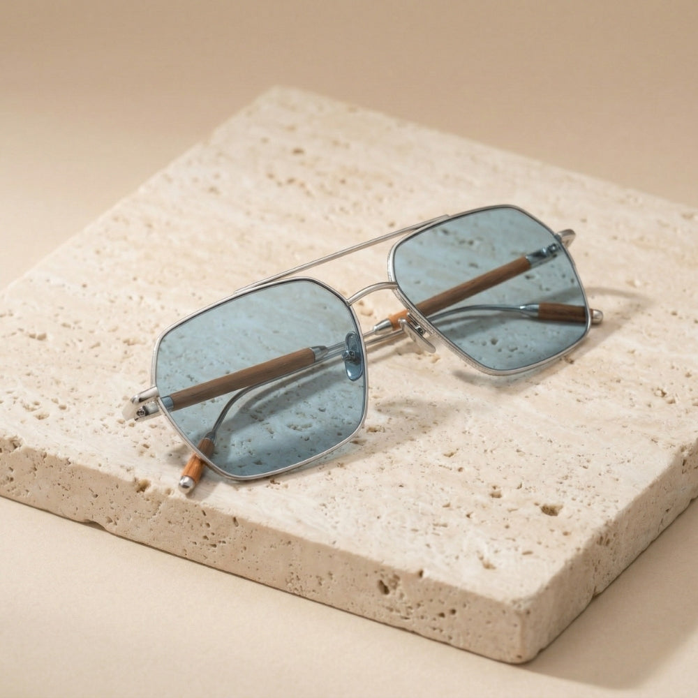 lunettes-soleil-bois-acier-hexagonales-bleu