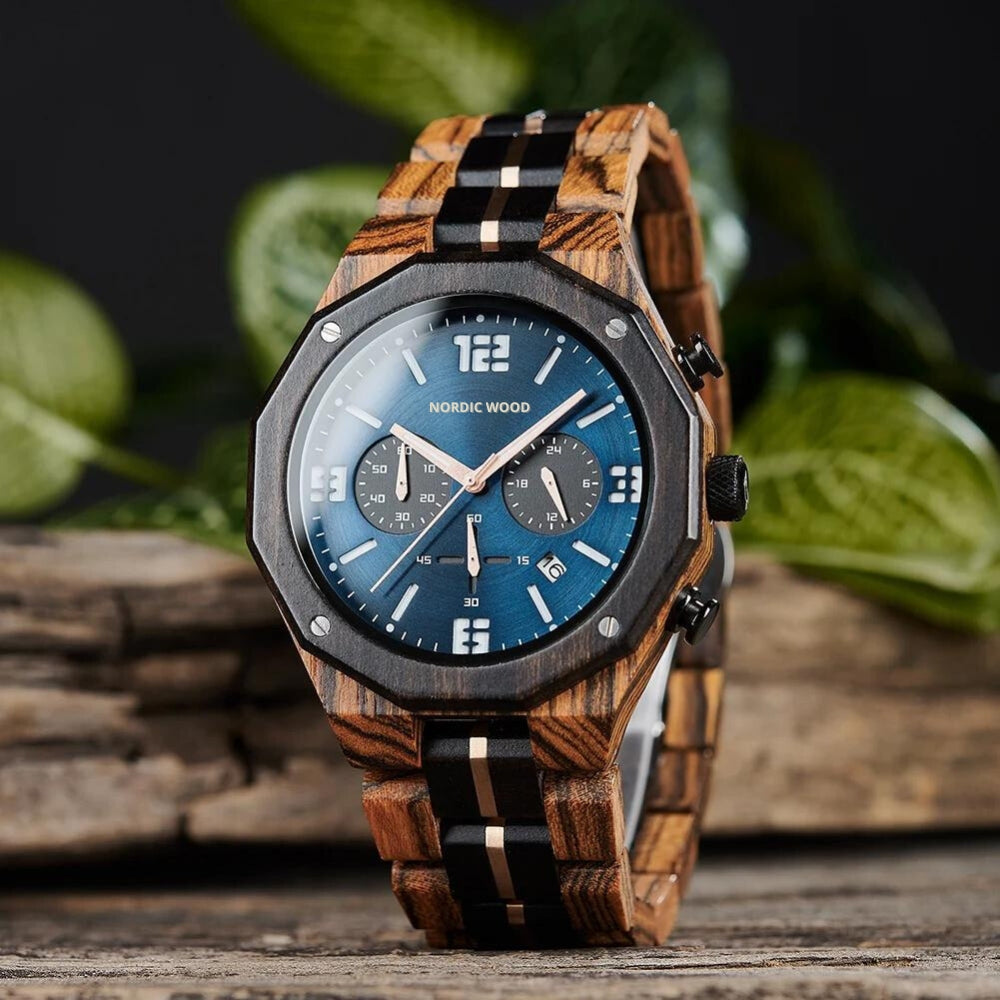 montre-bois-acier-homme-bleue