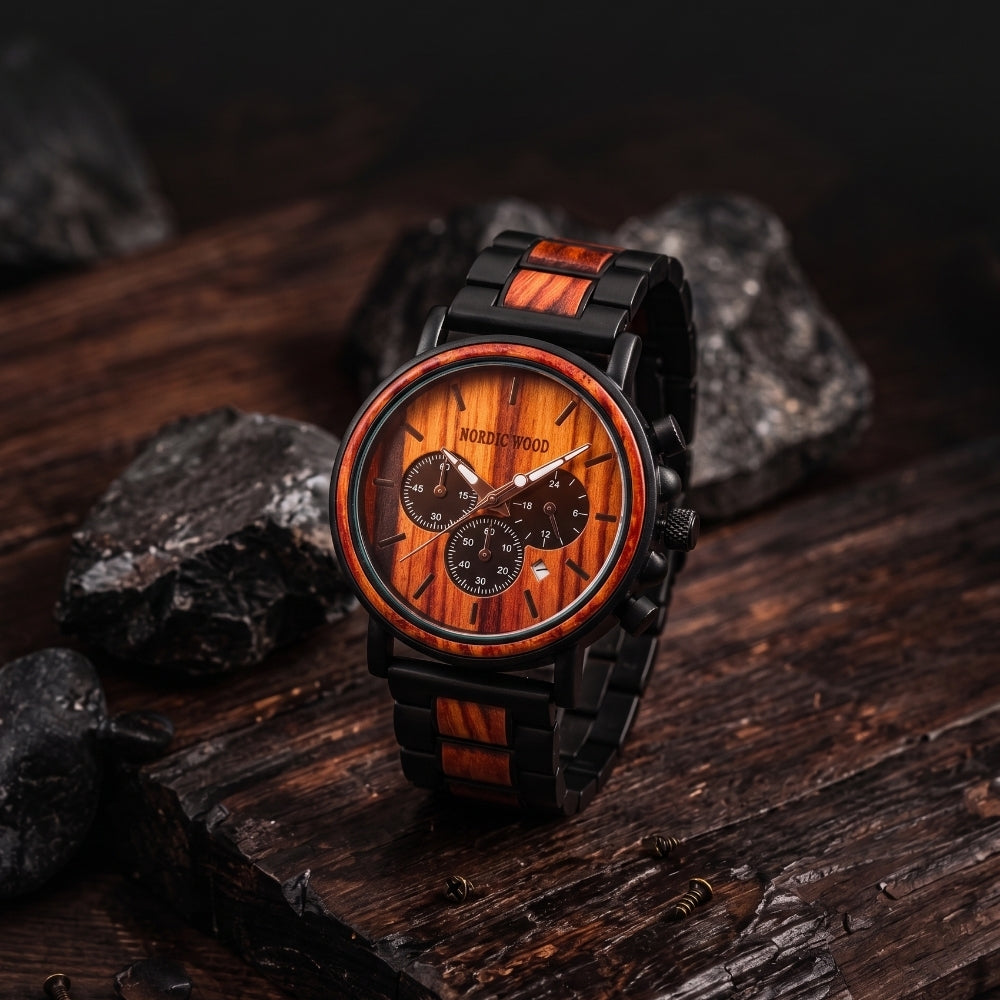 montre-bois-acier-rouge