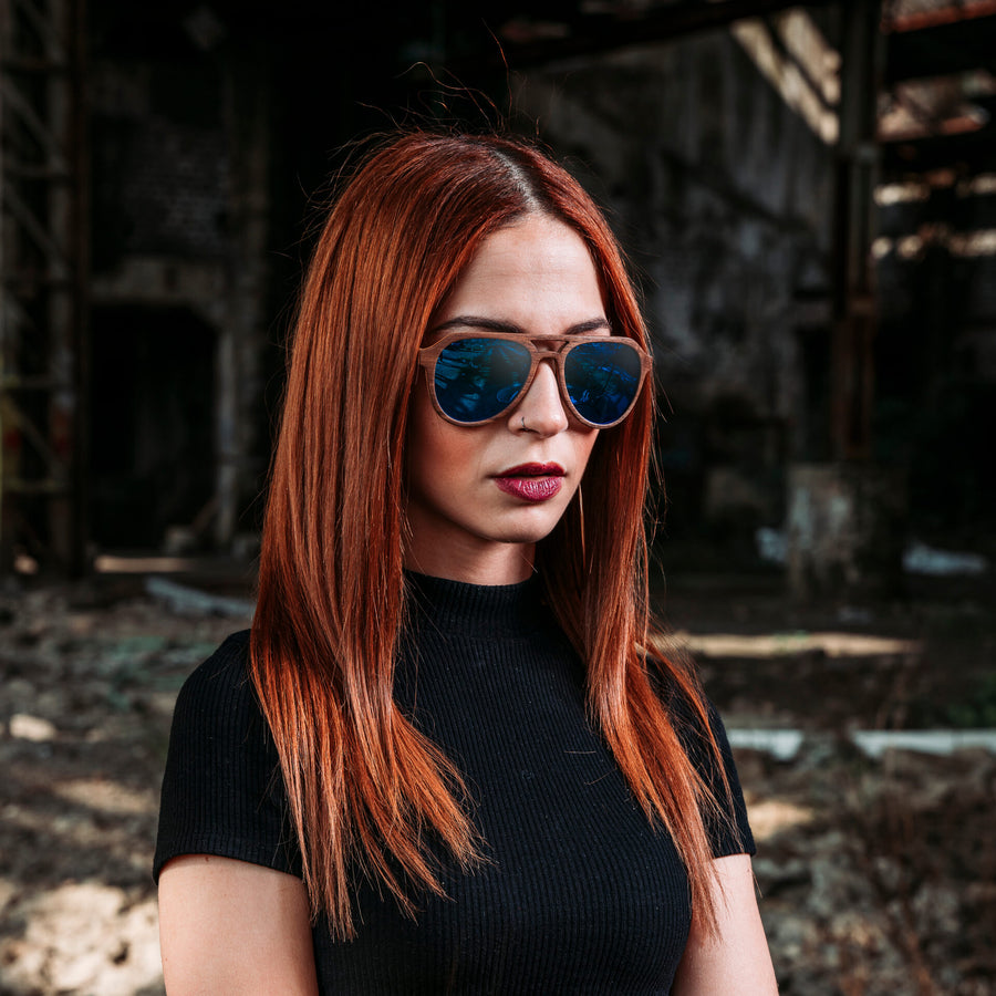 Lunettes de Soleil en Bois - Aviator Blue