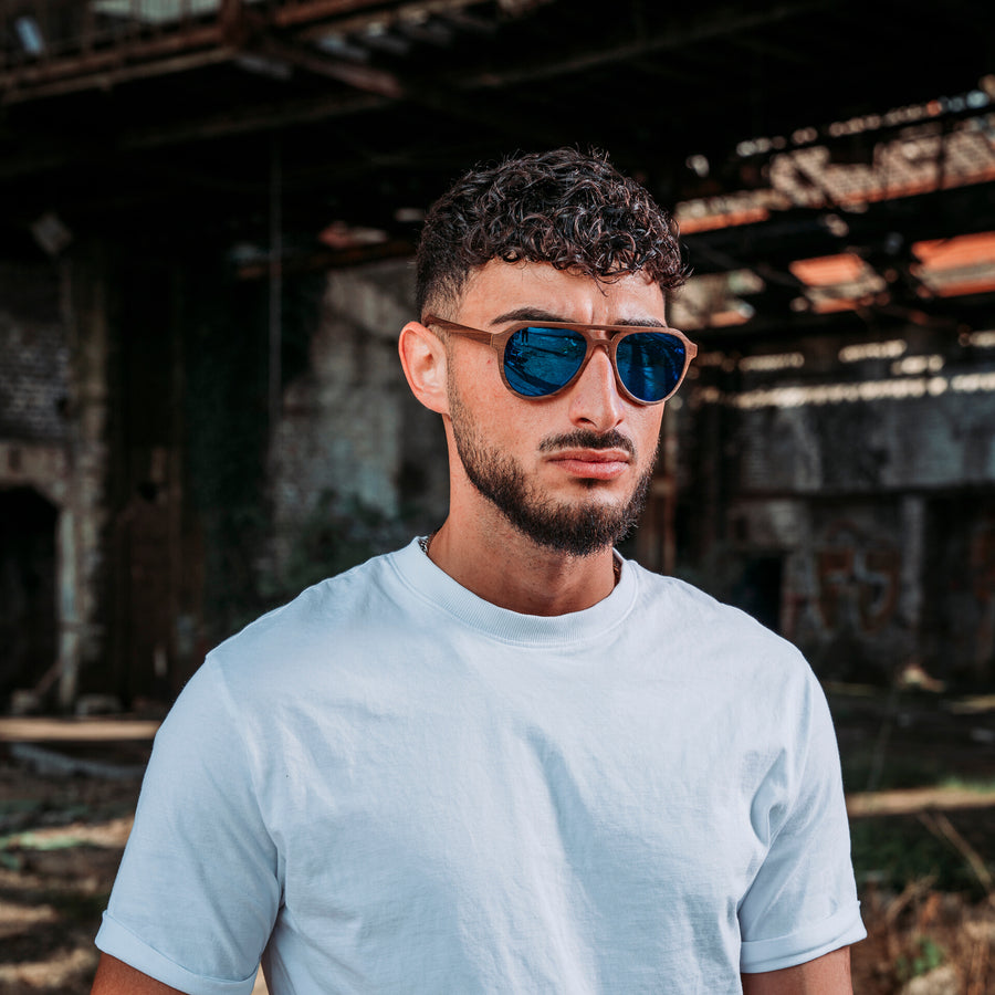 Lunettes de Soleil en Bois - Aviator Blue